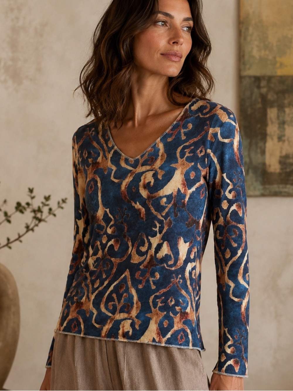 Italian Art-to-Wear Abstract Knit Top Blue Tan Stretch Made in Italy S/M